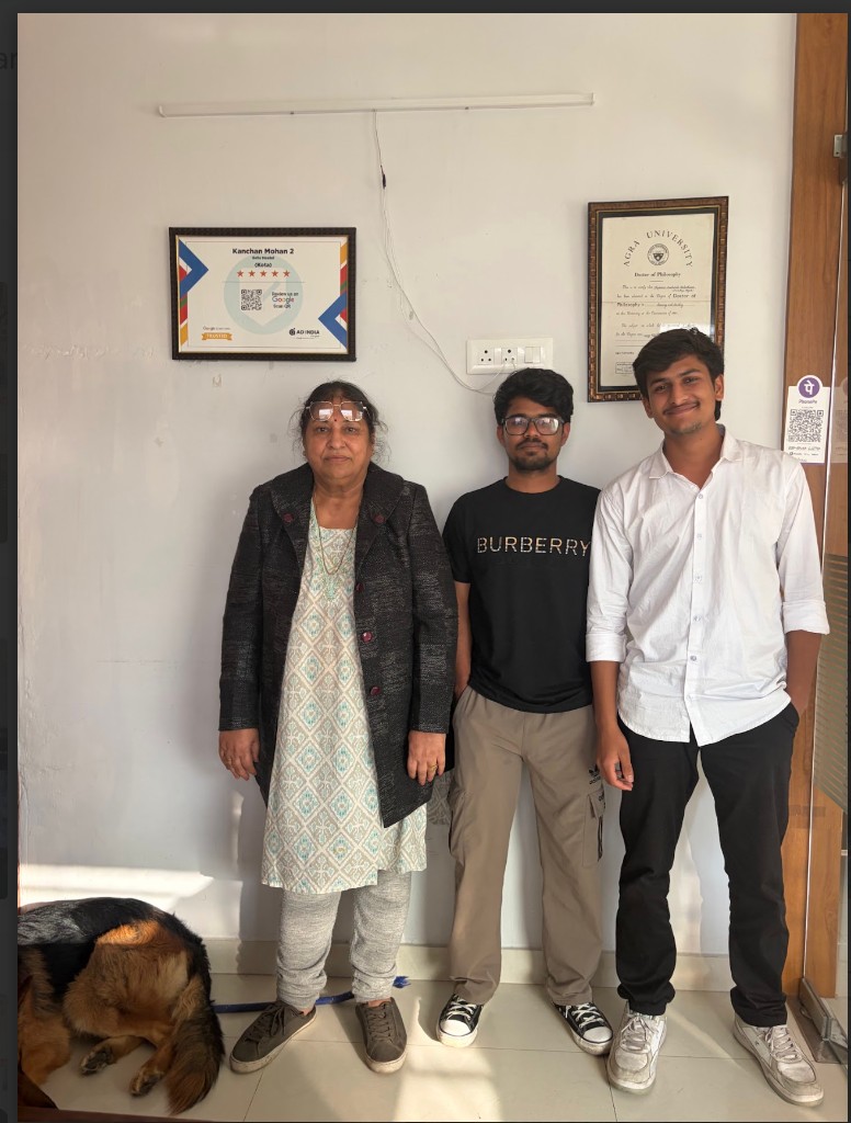 Dr. Snehalata Maheshwari, Tommy the German Shepherd, and team at Kanchan Mohan