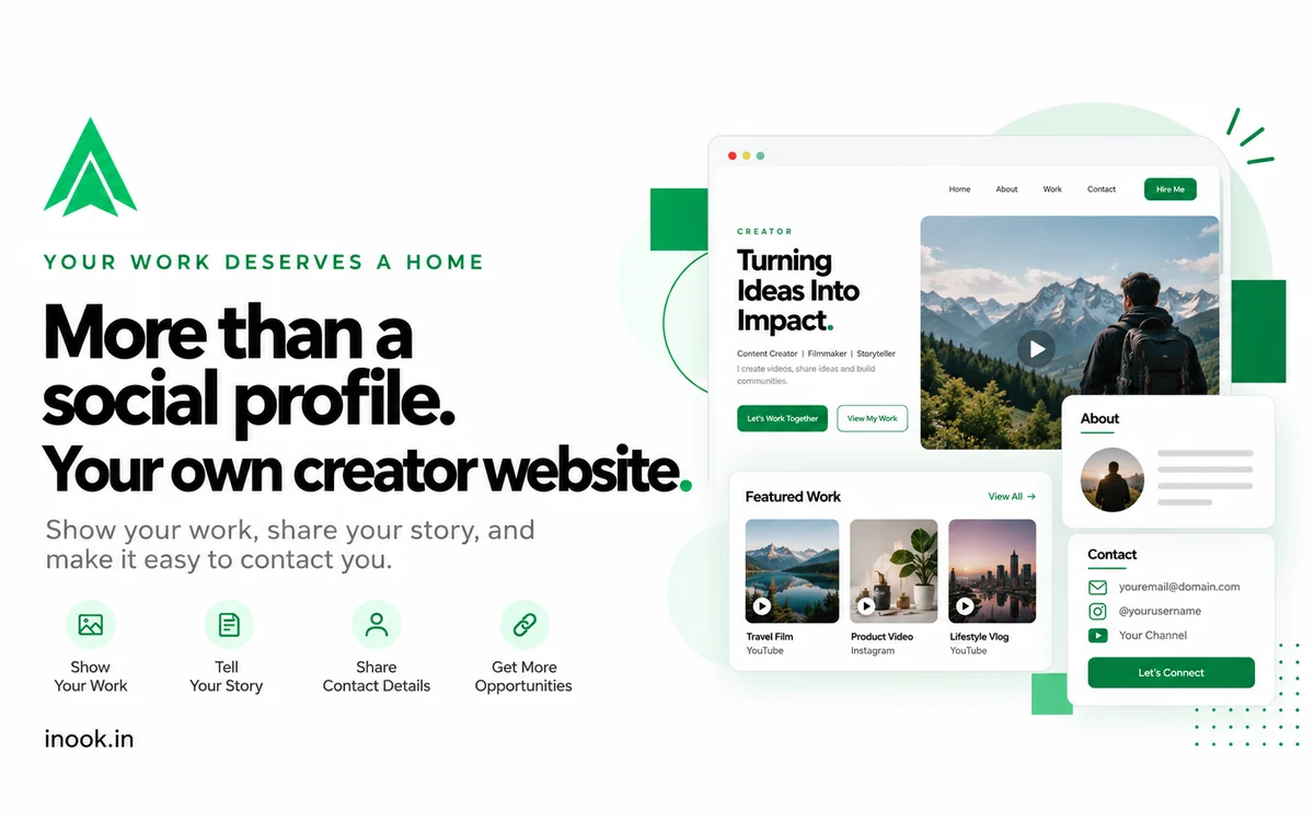 More than a social profile. Your own creator website: a creator site with a showreel, featured work, an about page and contact details